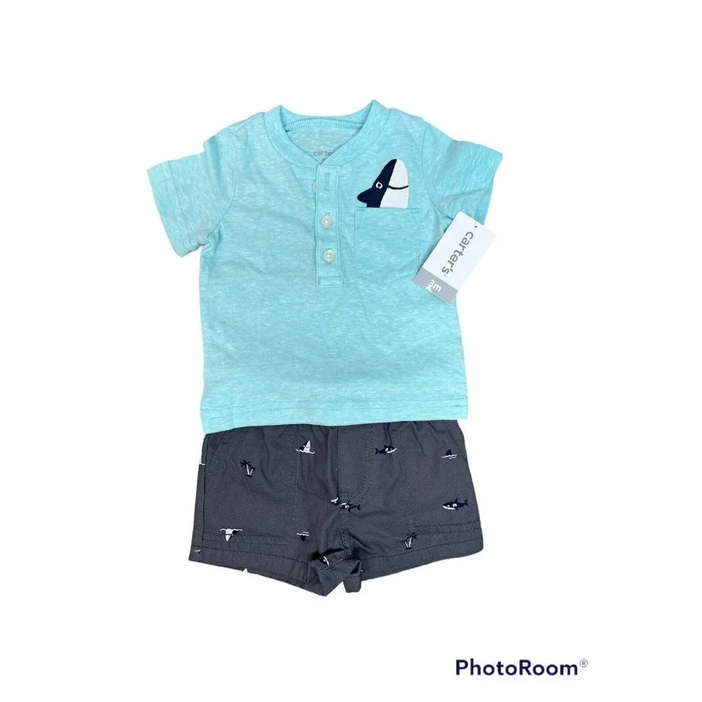 Boys 3 Months Shark Shirt, Short Set Knit Shorts Outfit Set NWT Carter's Blue (4